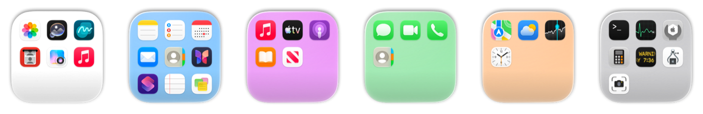 Six folder icons with apps inside, in clear, blue, purple, green, orange and graphite glass.