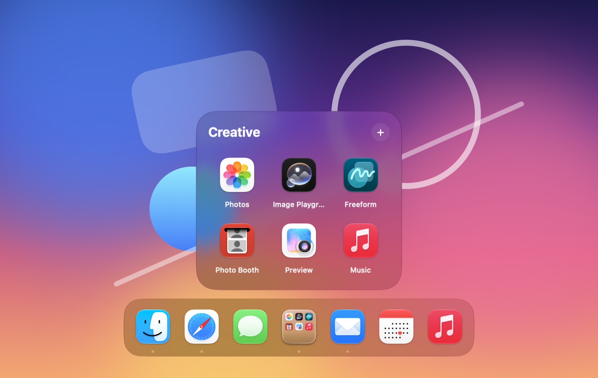 A folder called Creative open above its Dock icon, showing six apps on a pane of Liquid Glass.