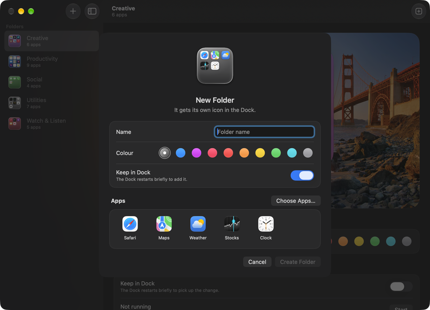 The New Folder sheet: a live preview of the folder's icon, a name field, colour swatches, a Keep in Dock switch and the chosen apps.