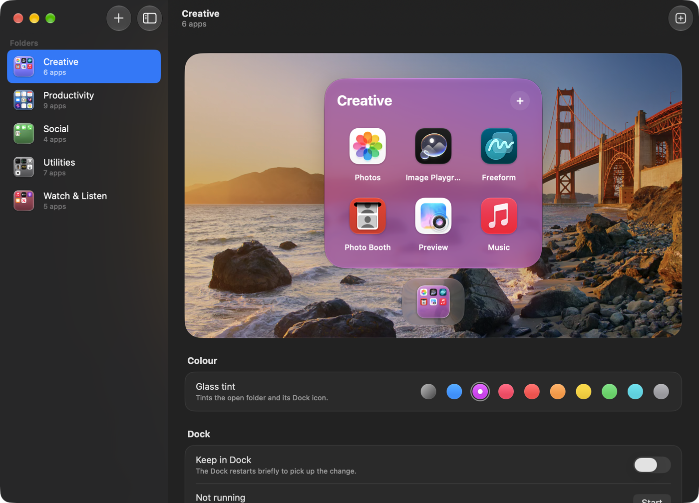The DockFolder window: folders listed in the sidebar, and the selected folder previewed as a purple glass panel over a desktop picture, with colour and Dock settings below.